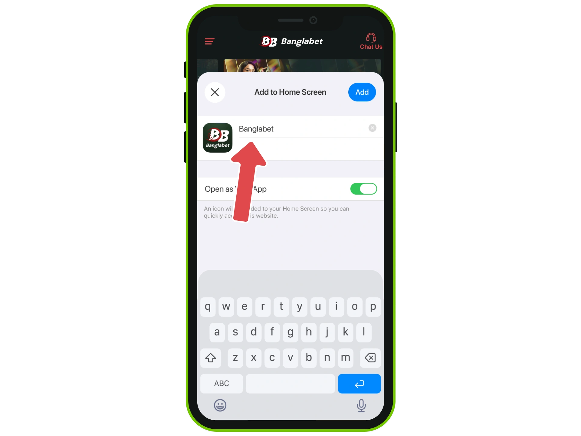 Choose a name for the app shortcut (Banglabet) and tap 'Add'.