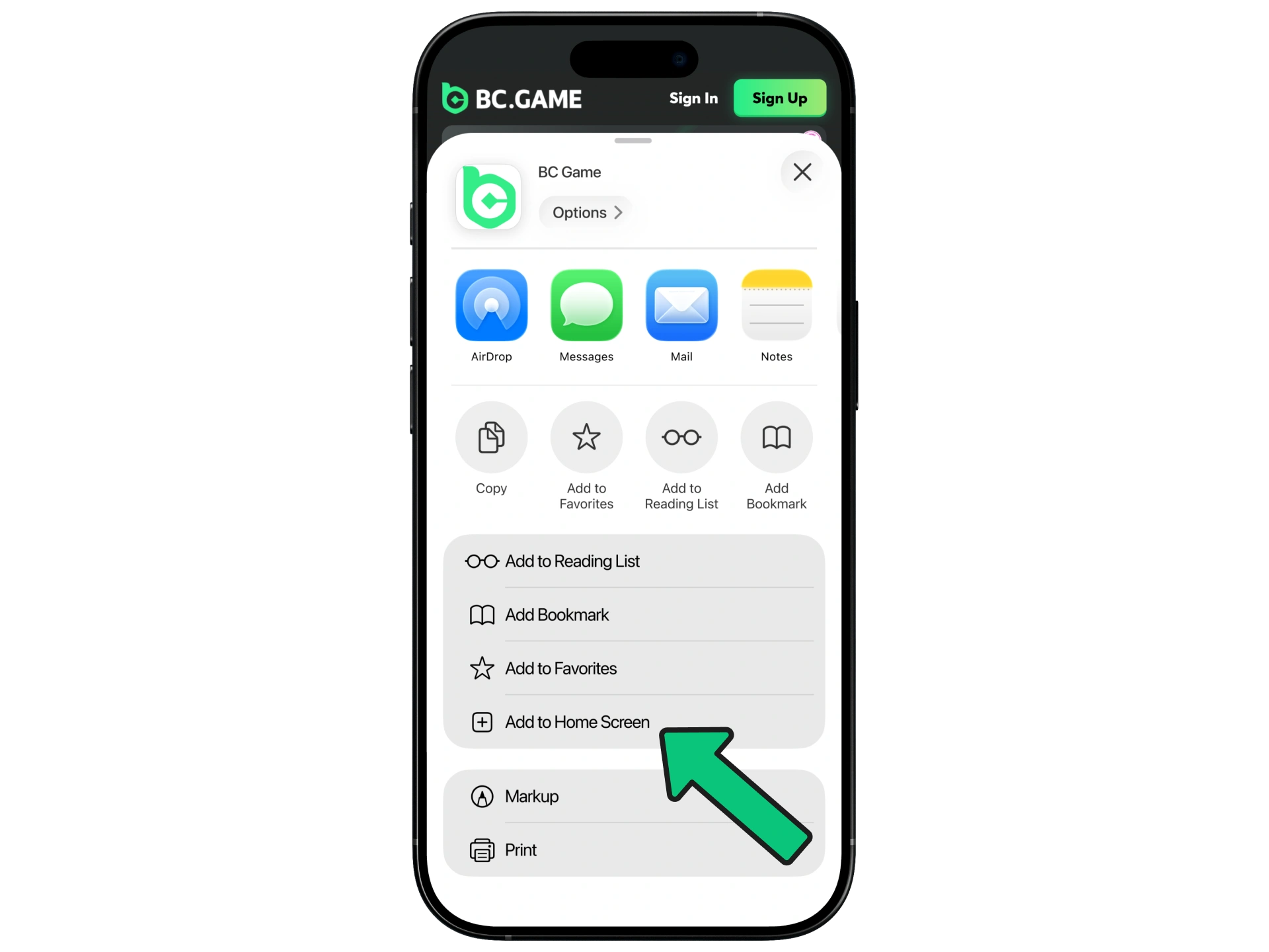 Choose Add to Home Screen option for BC Game.