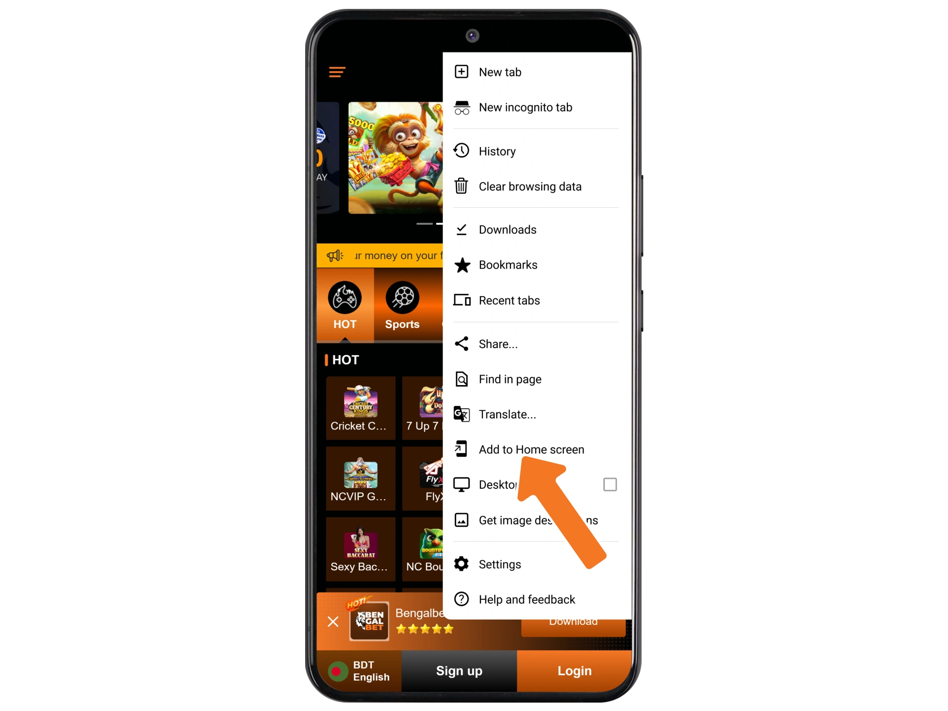 On Bengalbet, tap the three dots (menu button) and select 'Add to Home screen'.