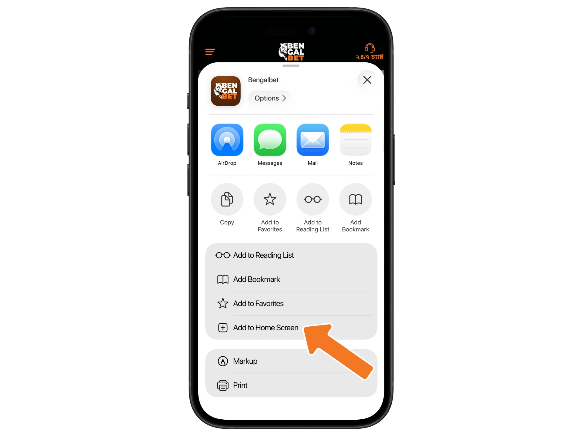 Find and select 'Add to Home Screen' by scrolling down to add Bengalbet.