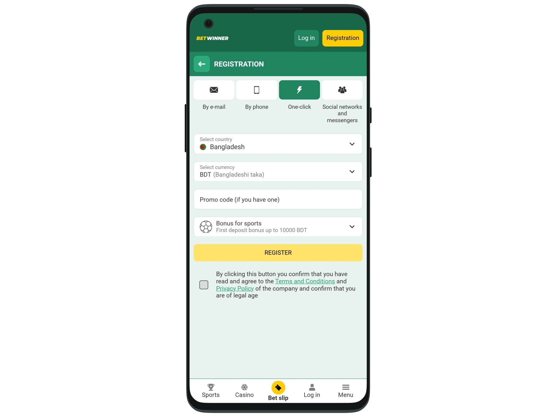 Choose a registration method and create a BetWinner account.