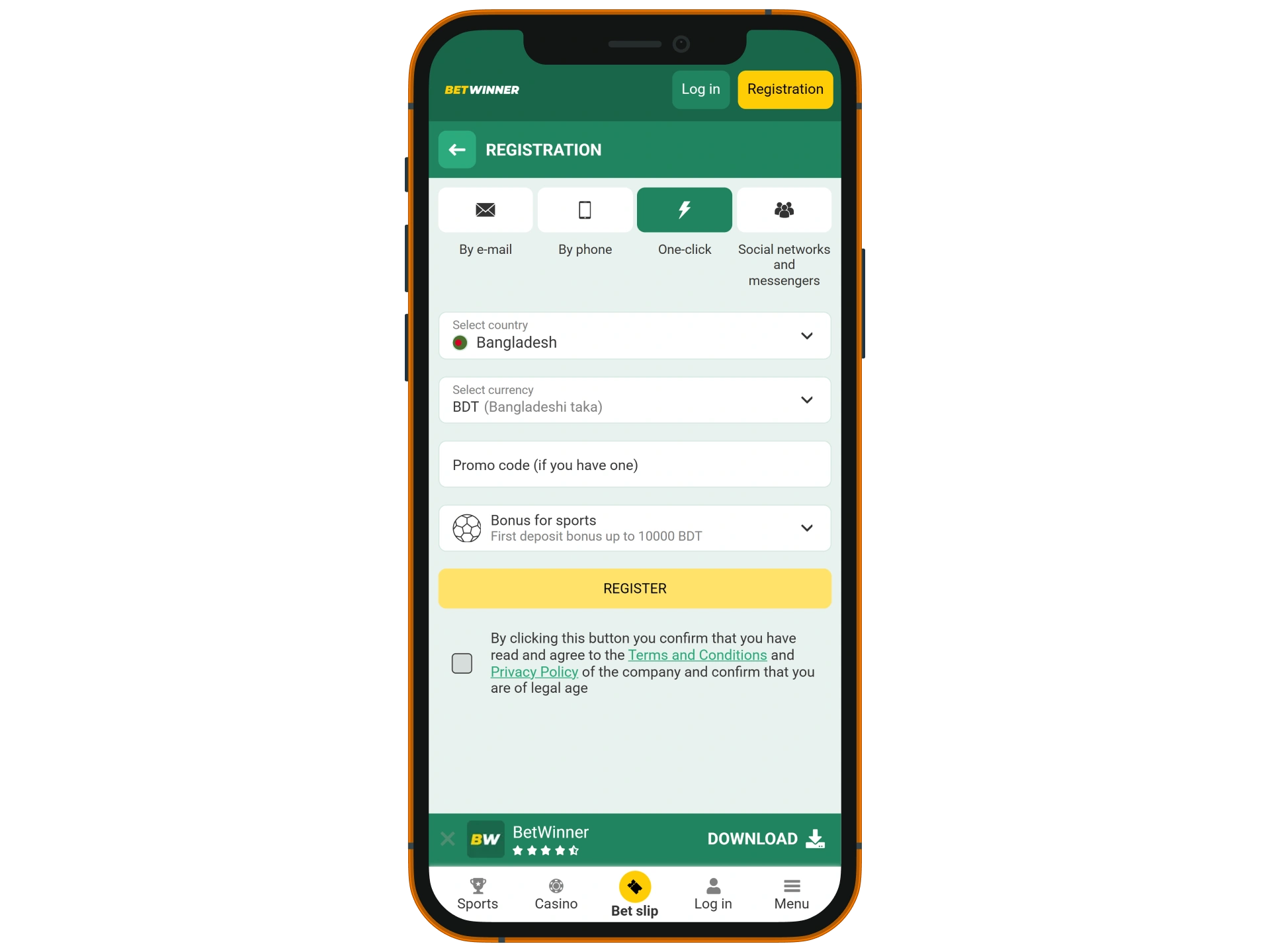 Select a convenient registration method and sign up at BetWinner.