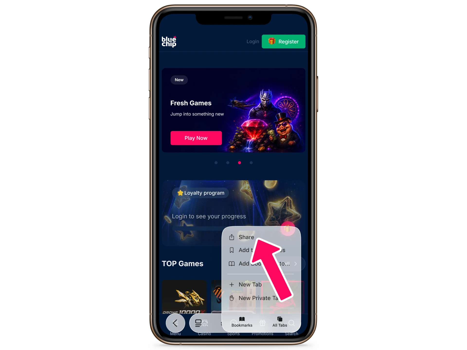 Click Share to add the BlueChip shortcut to the home screen.