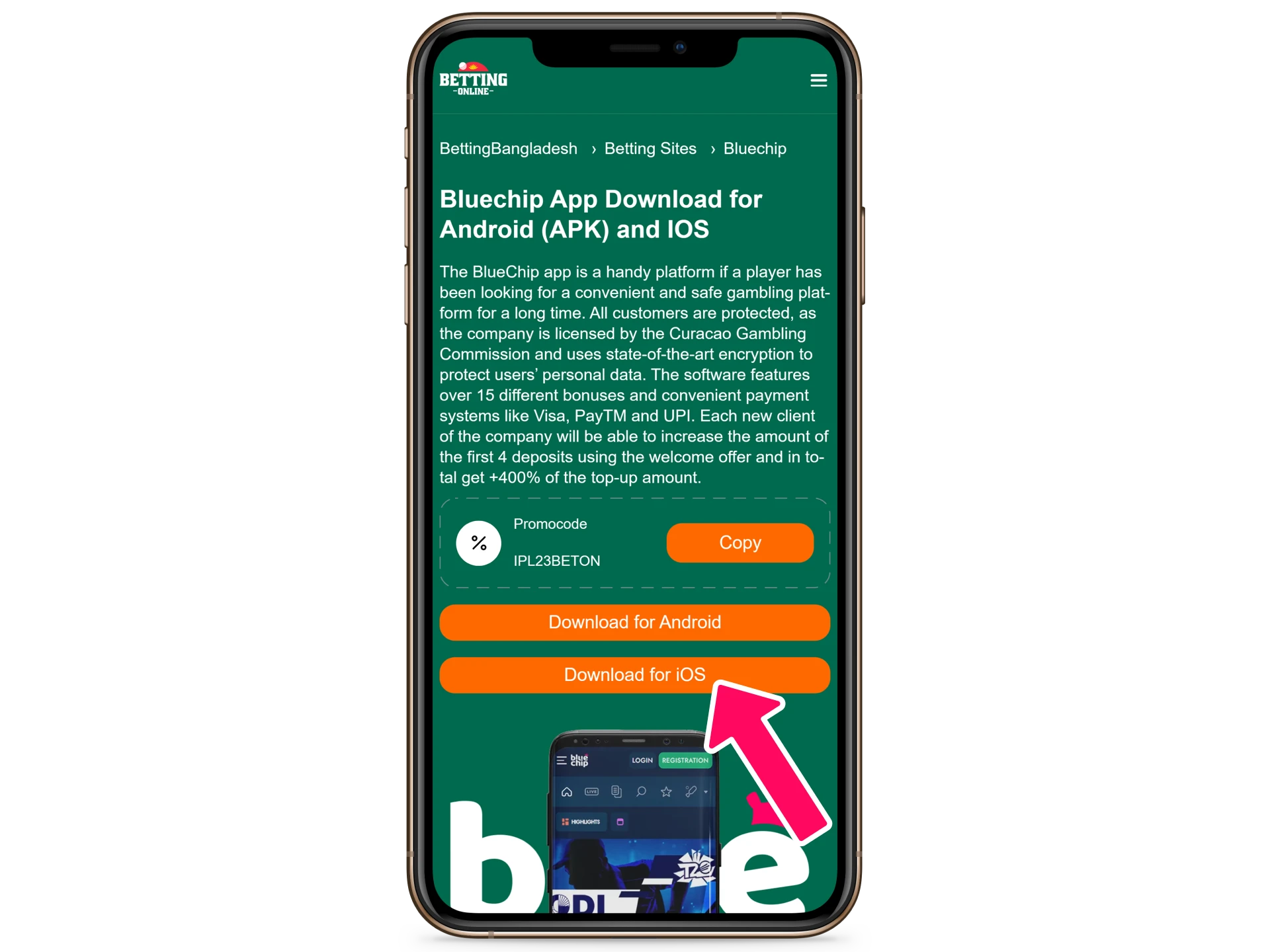 Click on the Download for iOS button for the mobile version of BlueChip.