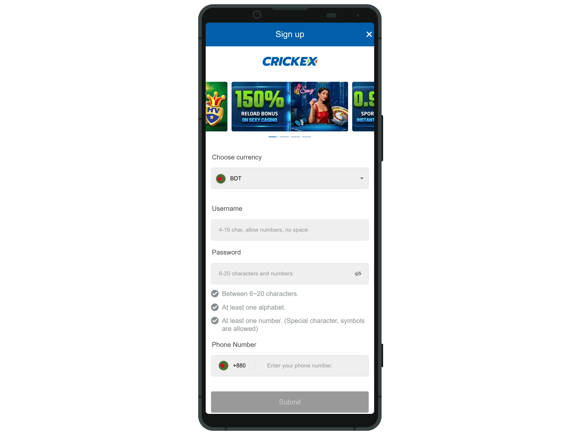 Pass the registration process in the Crickex app.