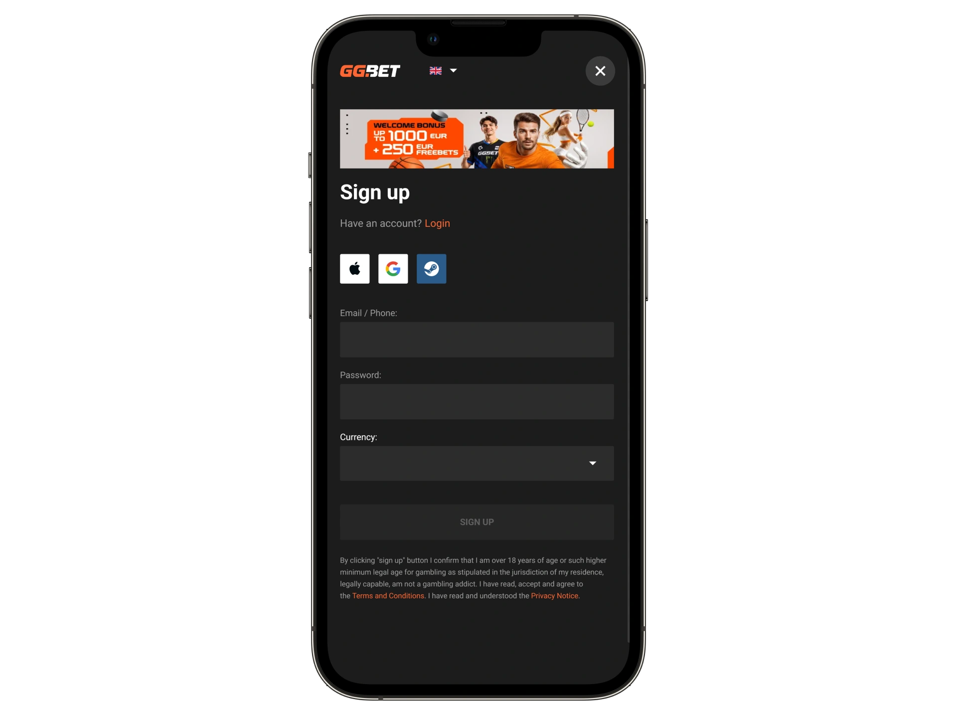 Register on the official GGbet platform before installing the app.
