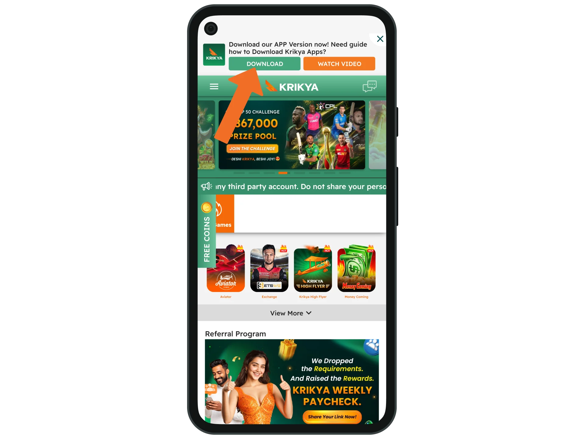 Open the Krikya platform and click Download App.