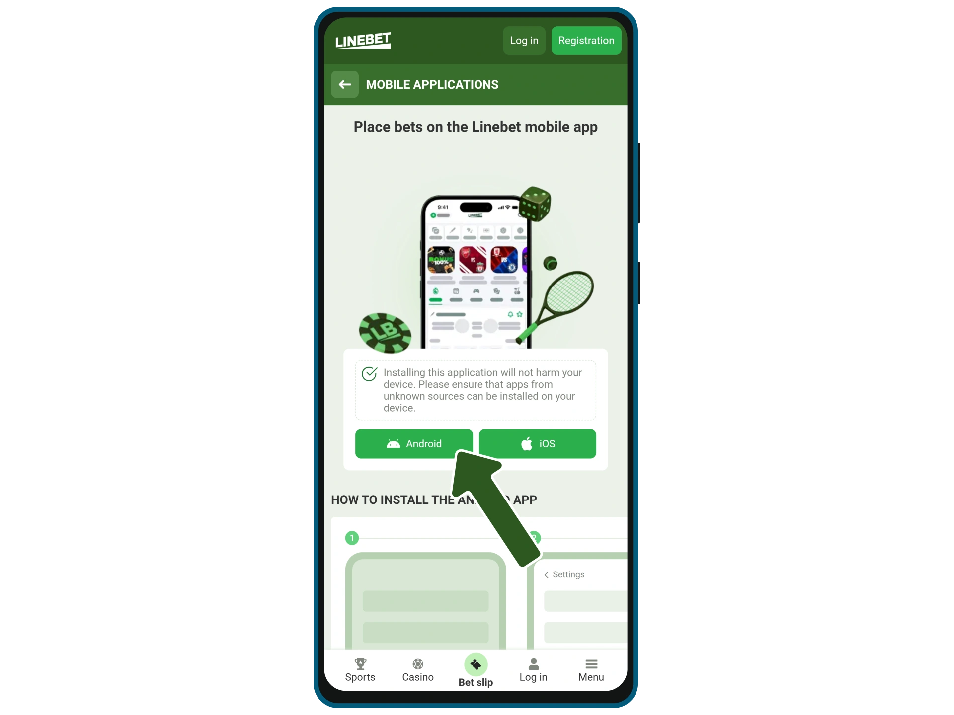 Open the apps section and click Android at Linebet.