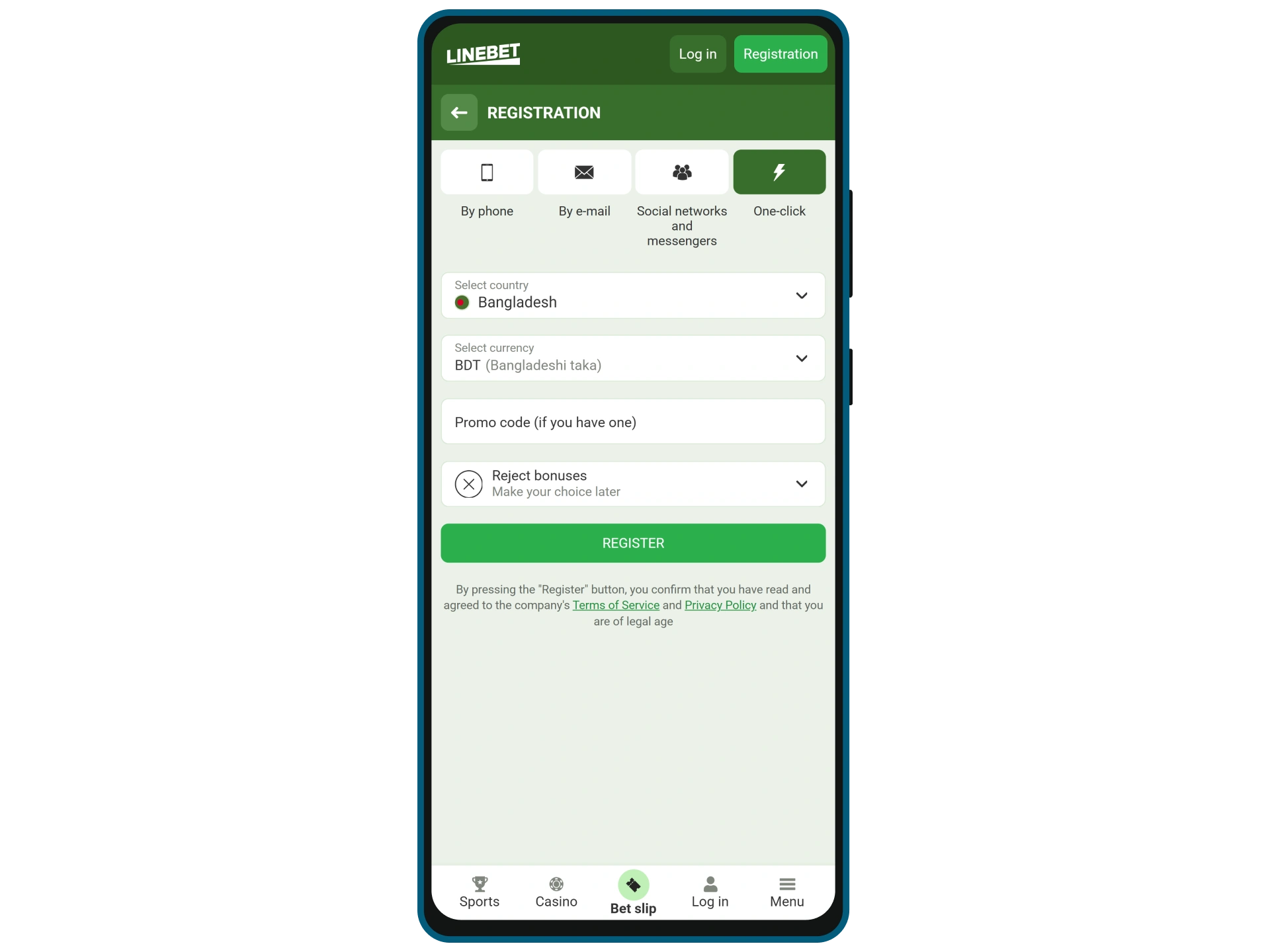 Choose email, phone, one-click, or other methods of registration at Linebet.