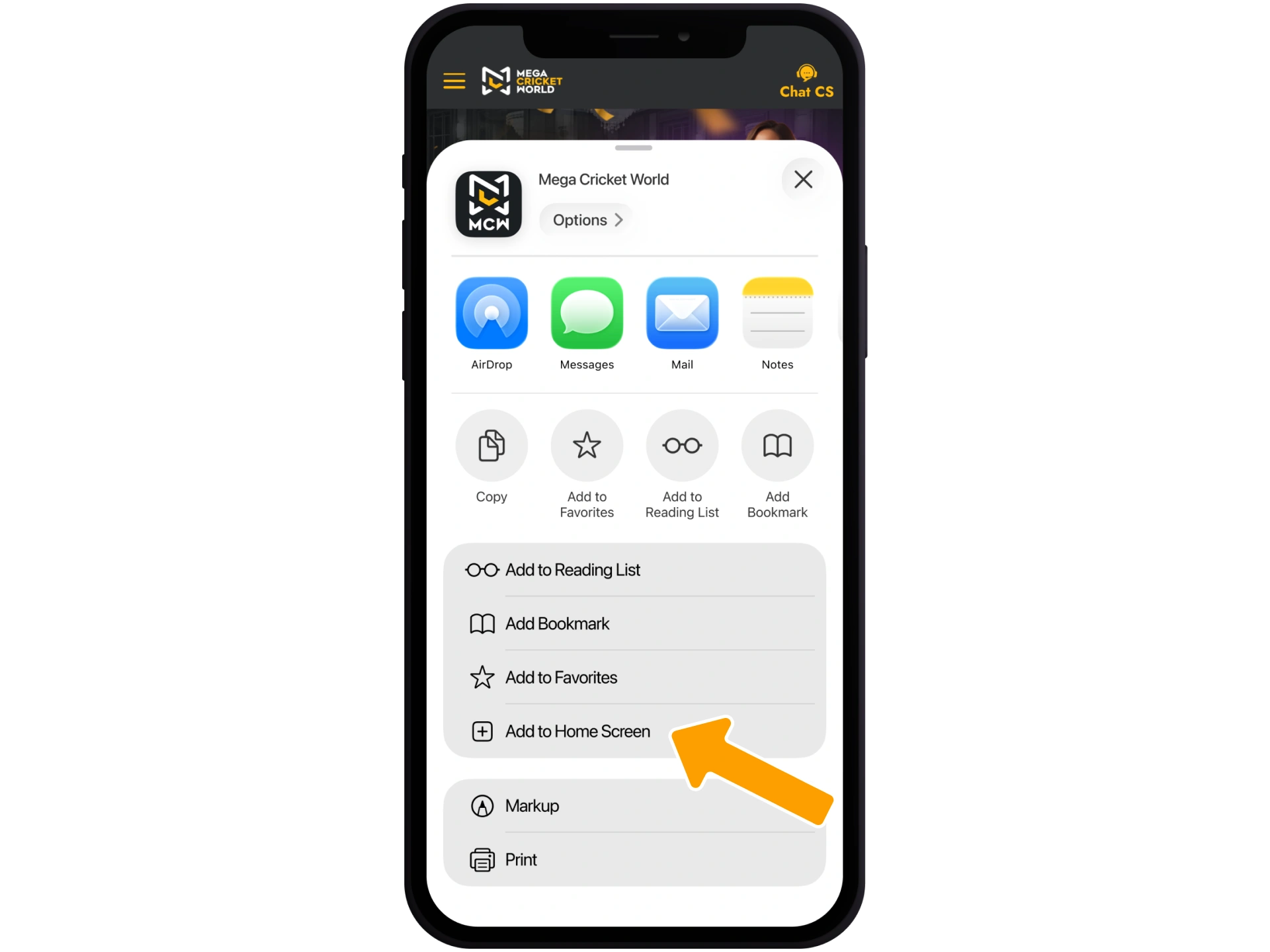 Click 'Share' on Mega Cricket World and select 'Add to Home Screen'.