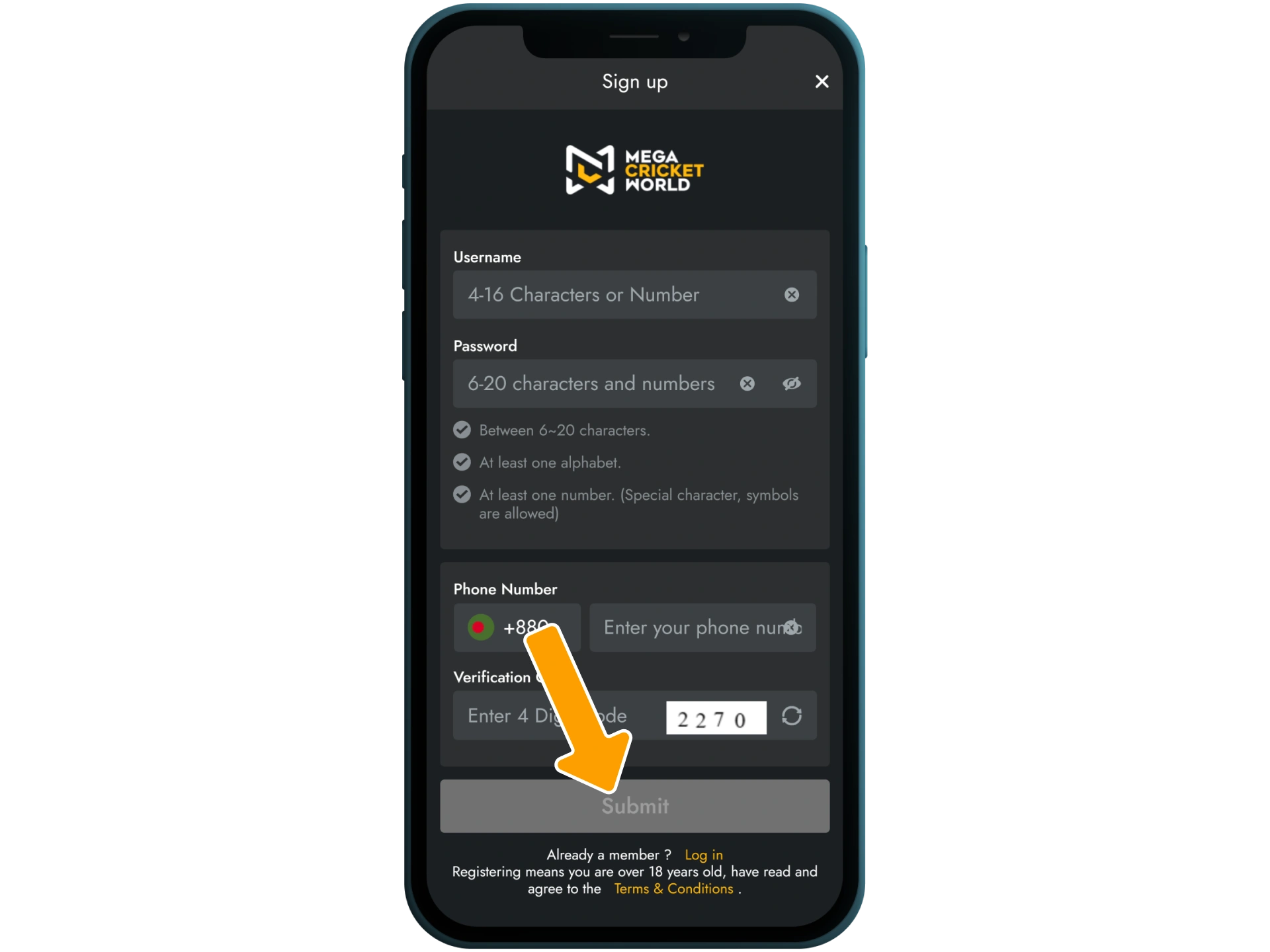 Finalize Mega Cricket World account by entering the code and clicking 'Confirm'.
