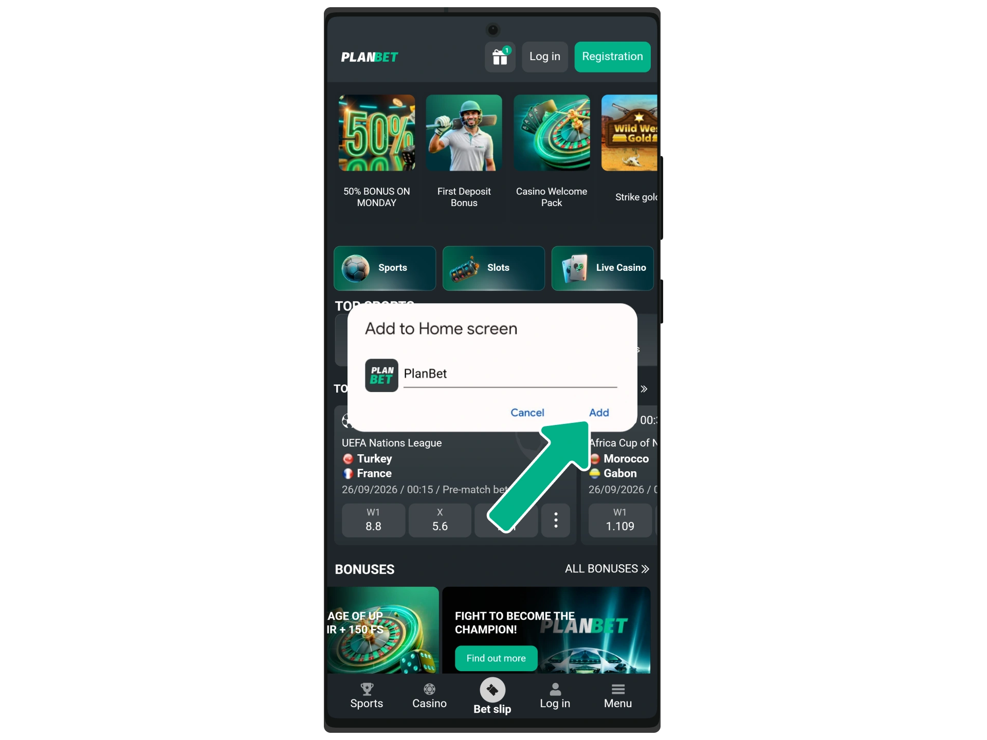Confirm adding Planbet to your home screen.