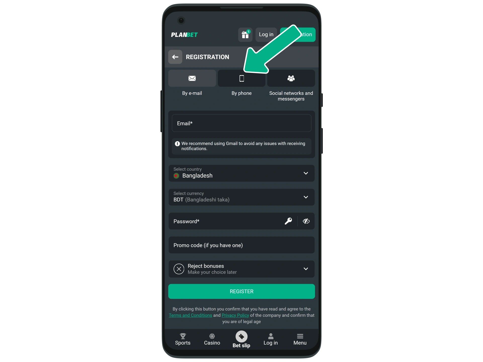 Select a method to register an account at Planbet.