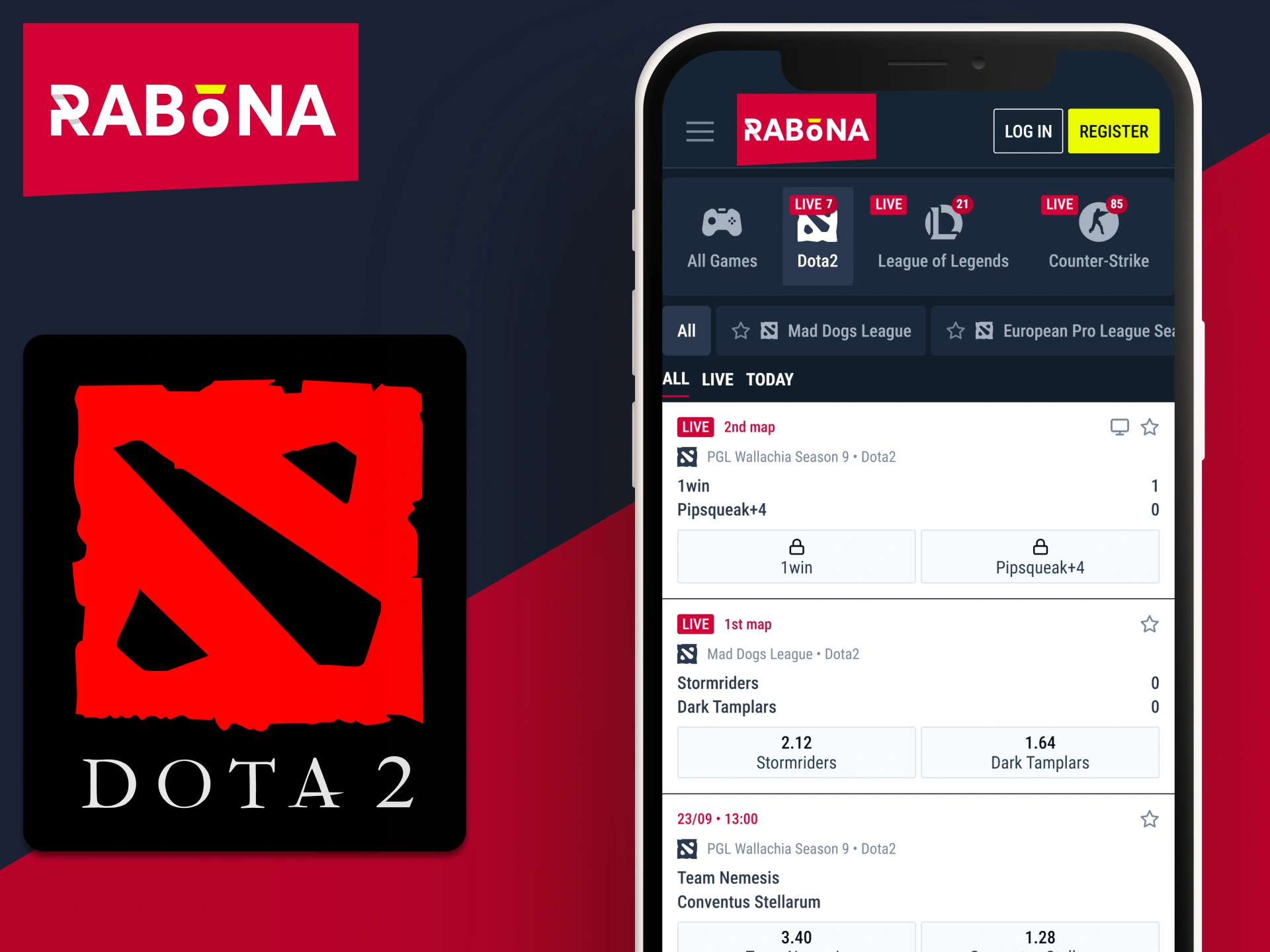 Find Dota 2 betting in the Esports section of the Rabona app.