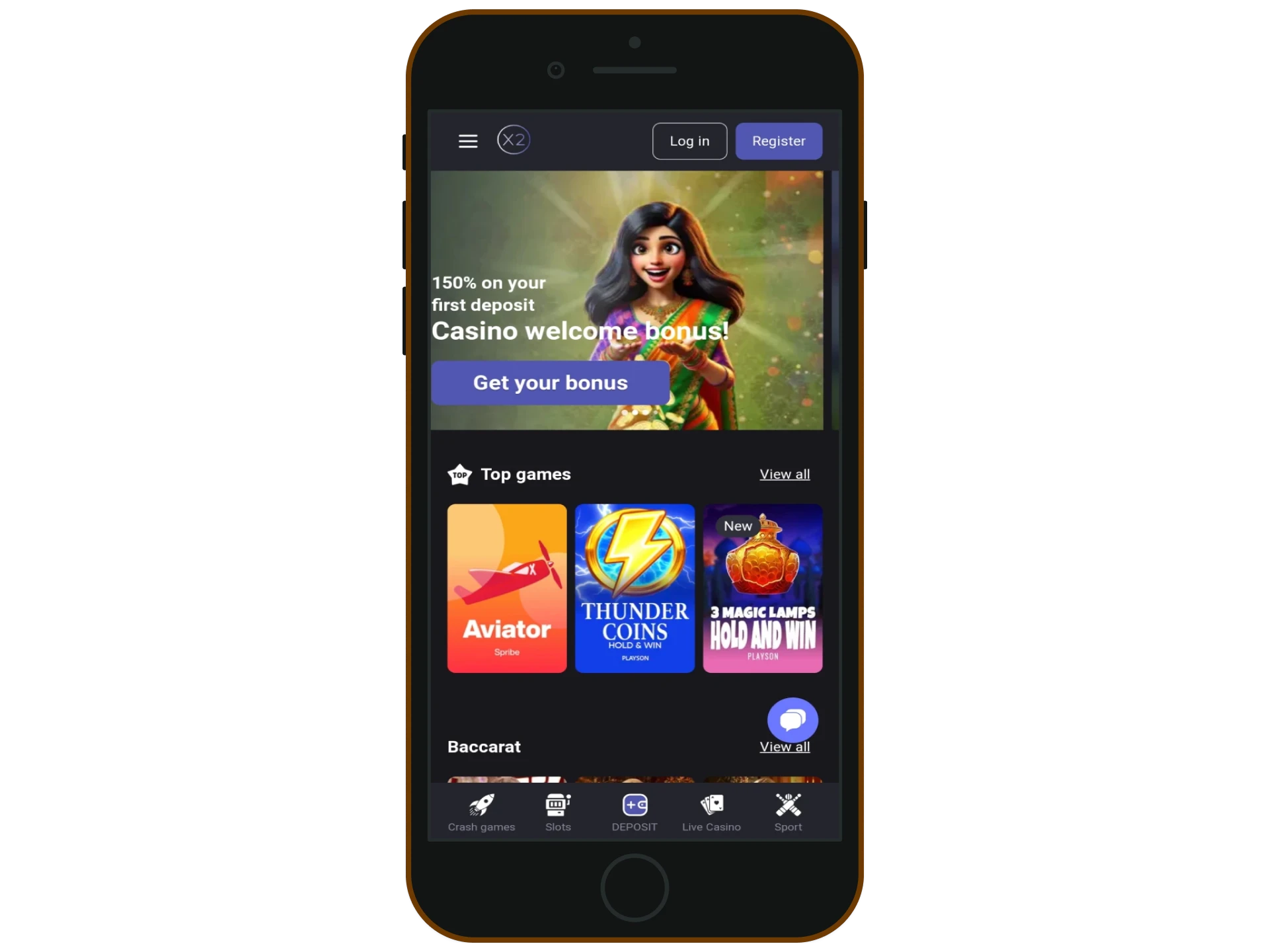 Open the X2Casinos platform on an iOS mobile browser.