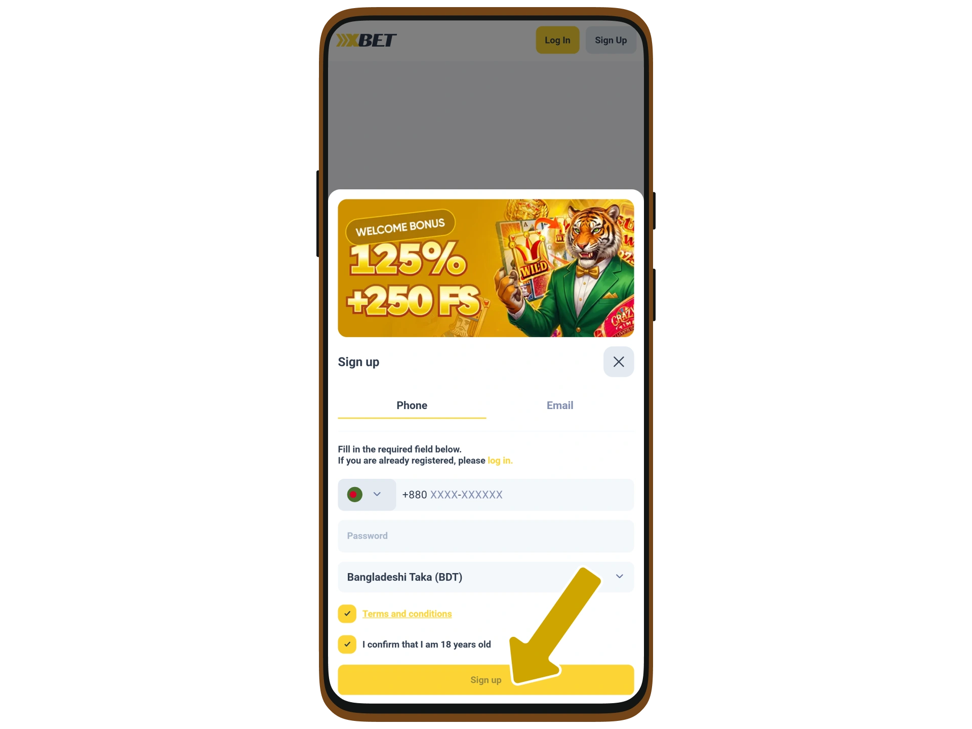 Finish the registration on the XXXBet platform.