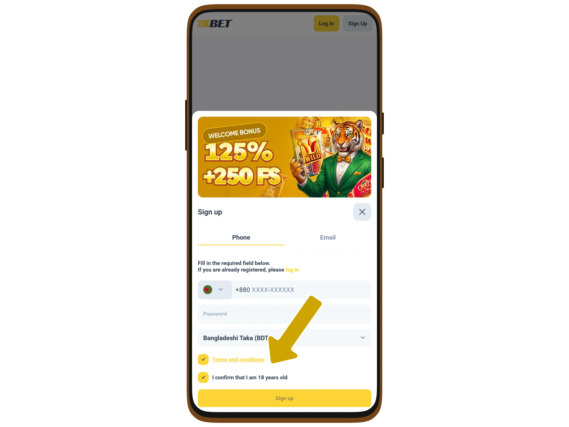 Confirm your age and agree to the XXXBet terms.