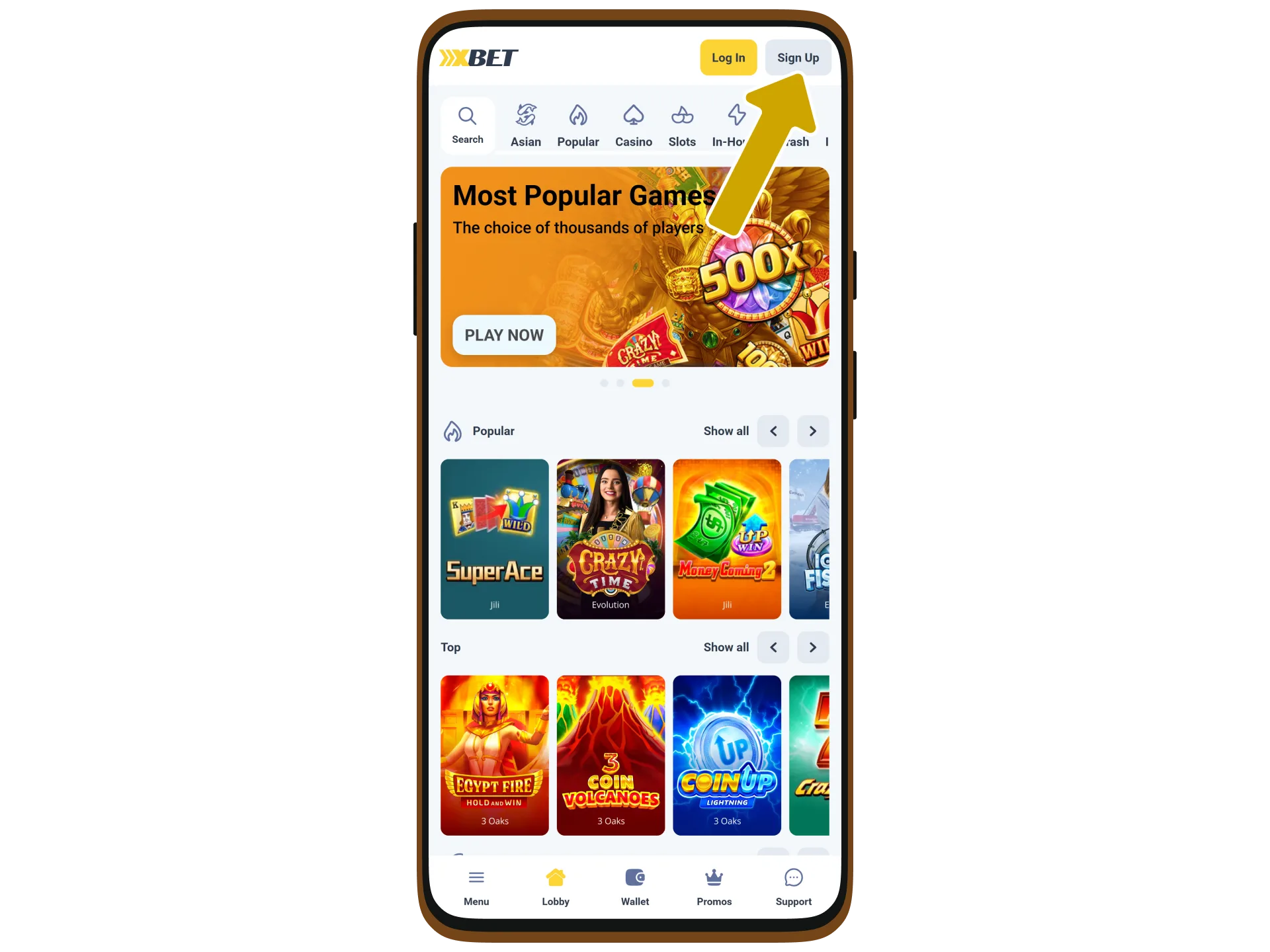Open XXXBet and find the registration button.
