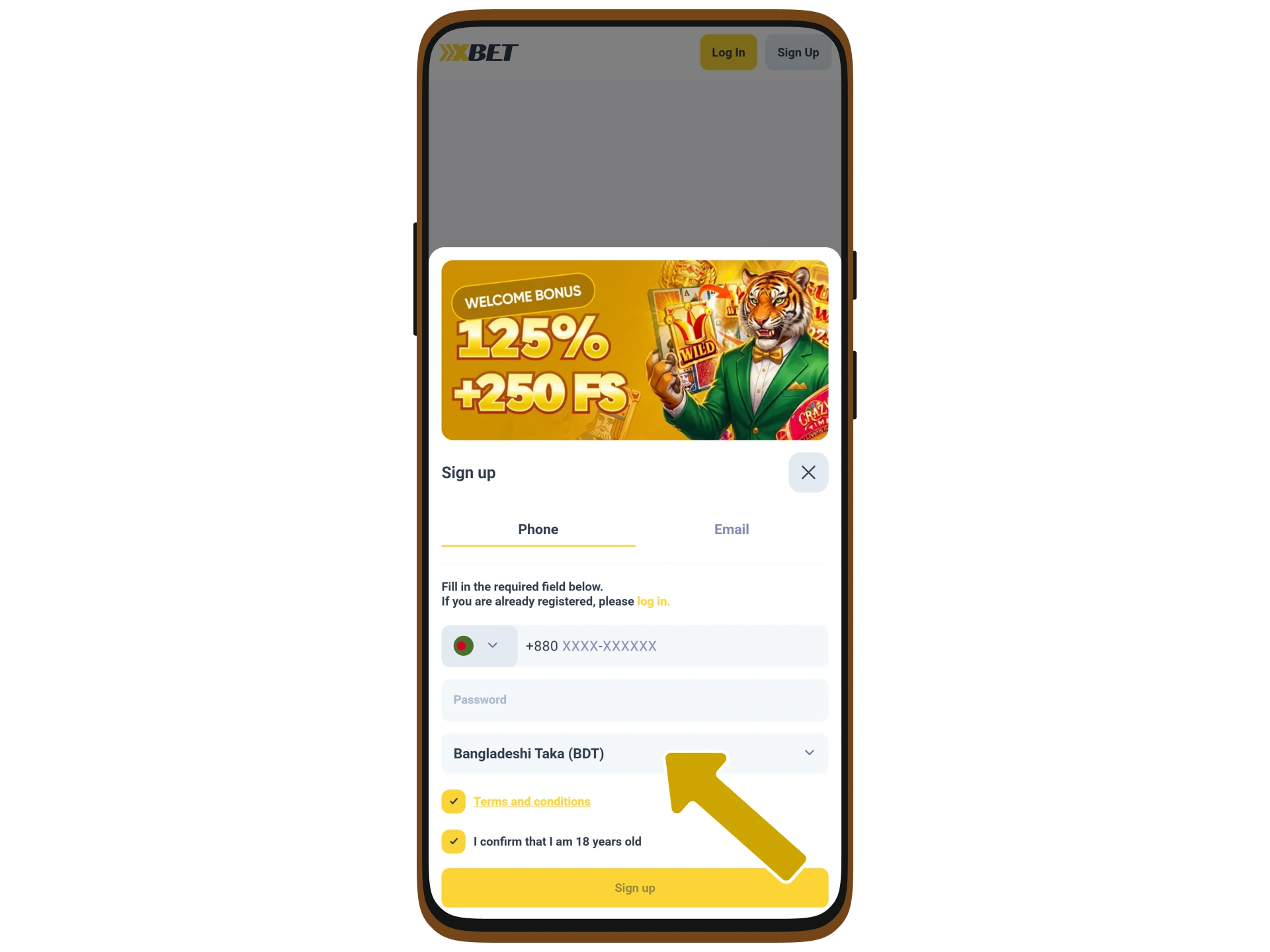Choose a currency for your XXXBet account.